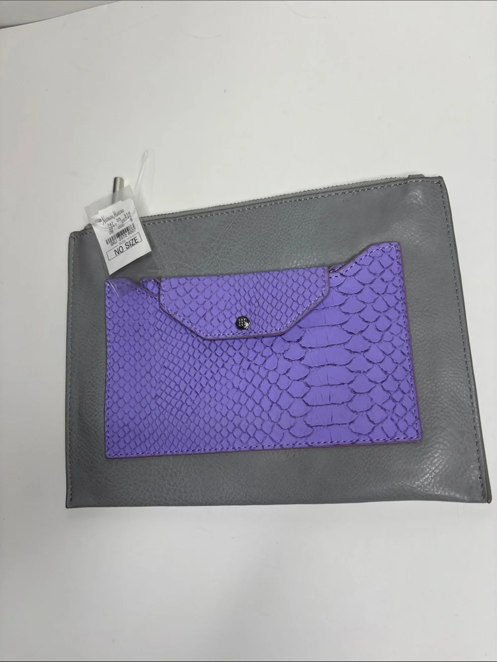 Neiman Marcus Gray Leather Clutch with Purple Snake-Embossed Pocket